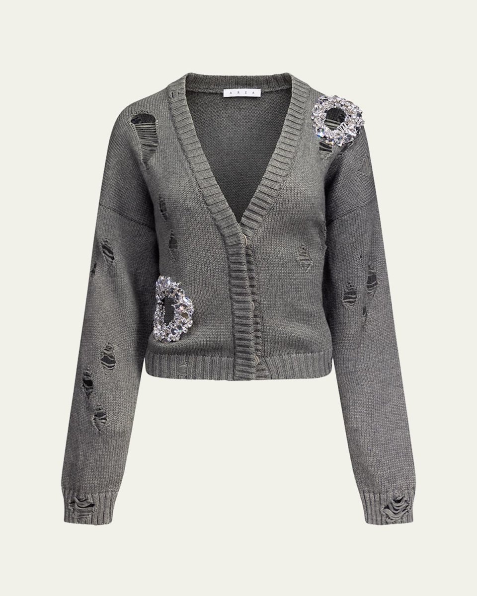 Distressed Crystal V-Neck Cardigan